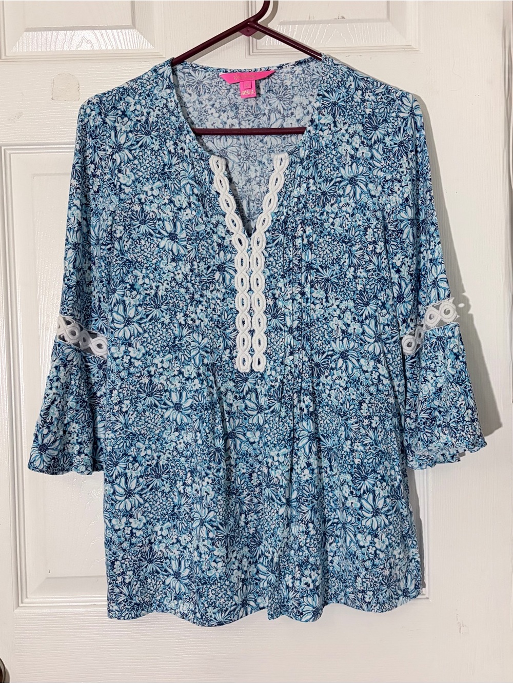 Lilly Pulitzer Women's Blue Floral Crochet-Trim Tunic Top Sz XS